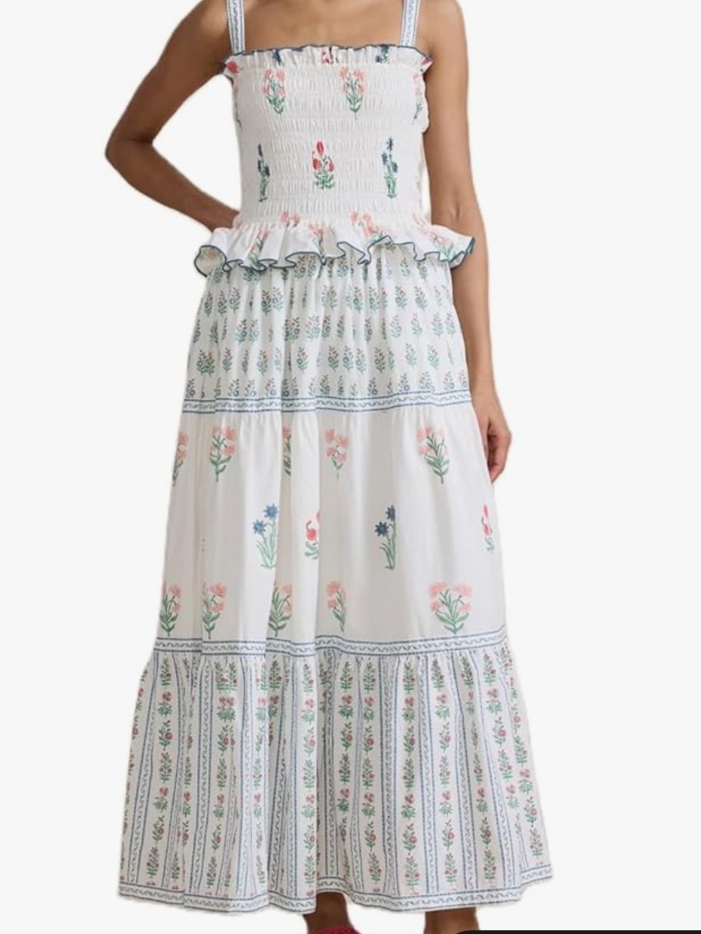 White Floral Smocked Maxi Dress with Blue Trim
